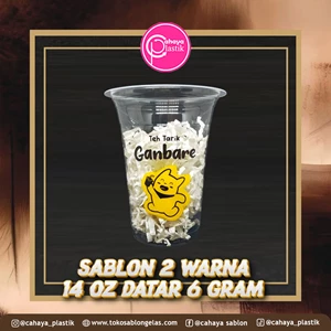 SABLON CUSTOM 2 WARNA GELAS PLASTIK 14 OZ DATAR 6 GRAM + KEMASAN MINUMAN CETAK CUSTOM LOGO BRAND
