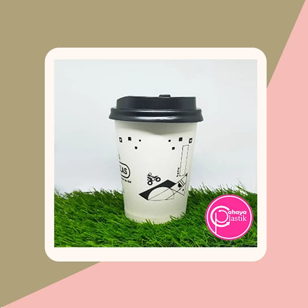 Sablon custom paper cup 8 oz + tutup hitam + FOOD GRADE HOT COFFEE PACKAGING